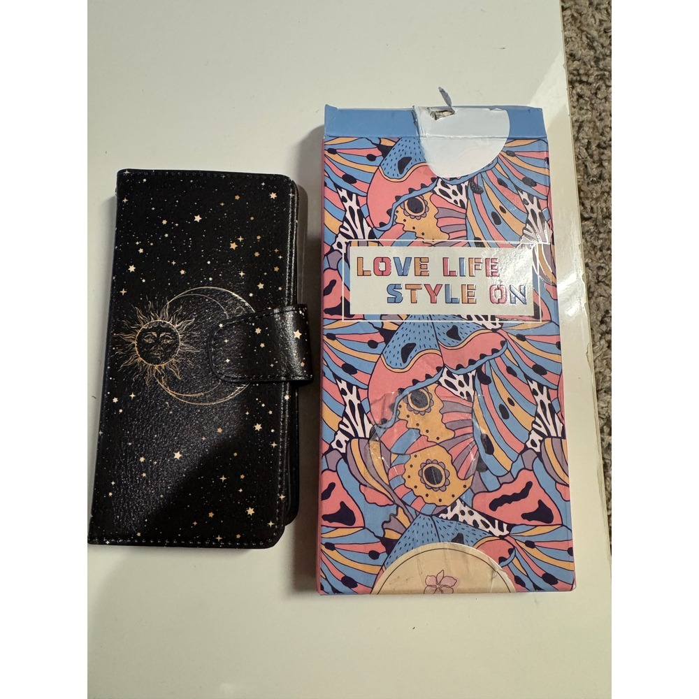 Celestial Sun Moon Stars Black Gold Foil Wallet Phone Case Love Life Style On